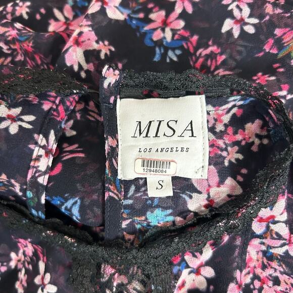 Misa Los Angeles Divya Top Purple Floral Blouse Long Bell Sleeve Chiffon Size S - Picture 7 of 8